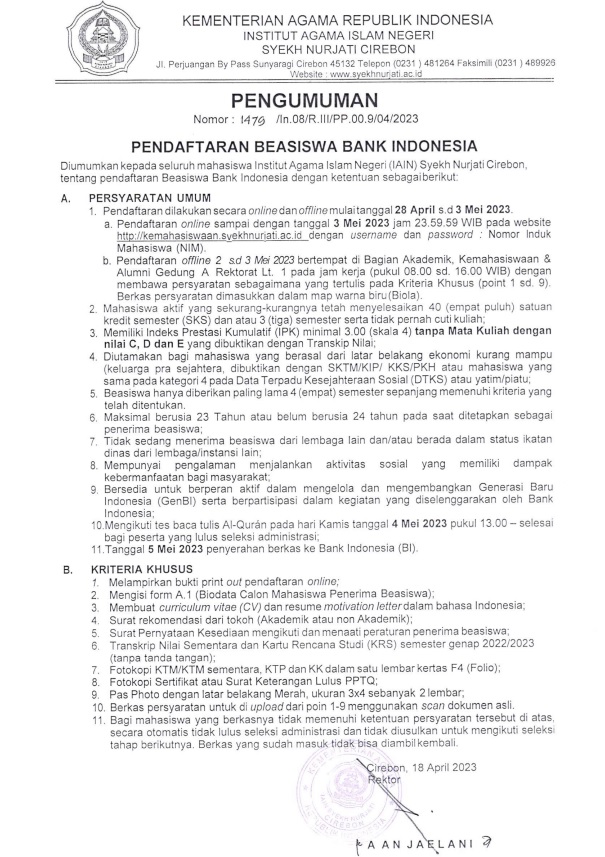 Pengumuman Pendaftaran Beasiswa Bank Indonesia 2023