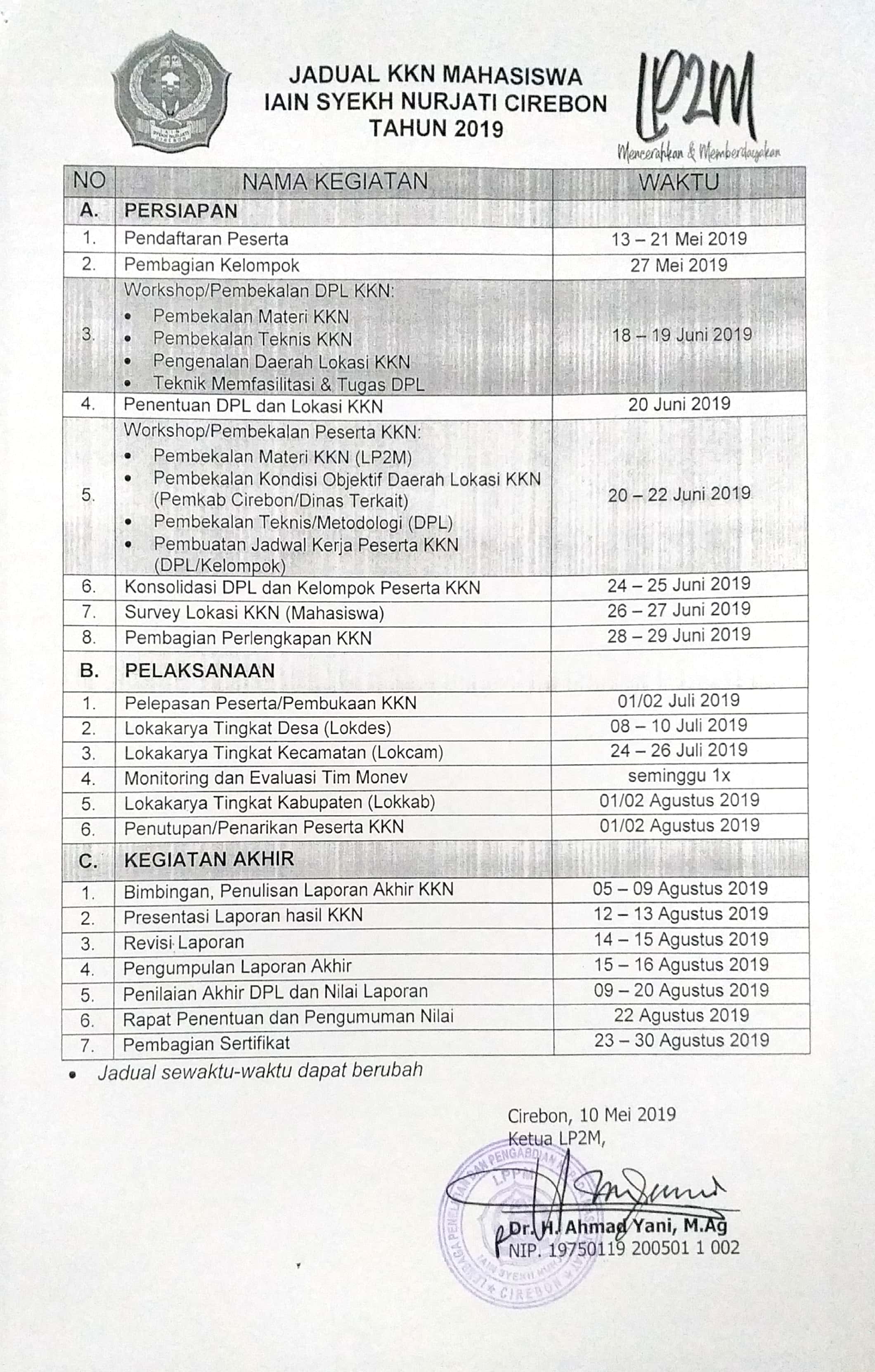 Jadwal Pelaksanaan Kuliah Kerja Nyata (KKN)